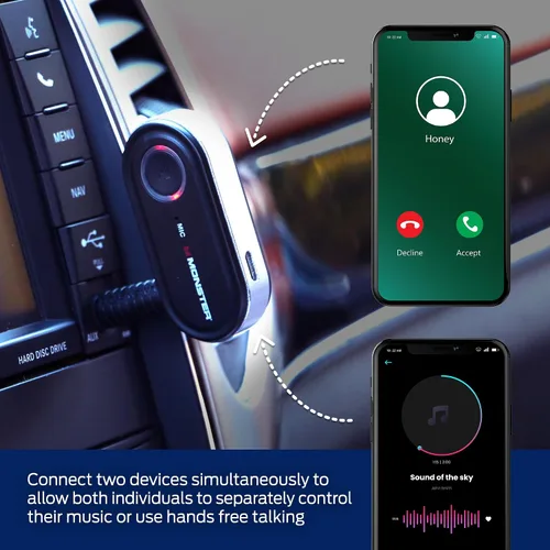 Vista 4 de Receptor de audio Bluetooth Monster, adaptador Bluetooth auxiliar con entrada de 3.5mm, llamadas manos libres, compatible con Siri y Google Voice
