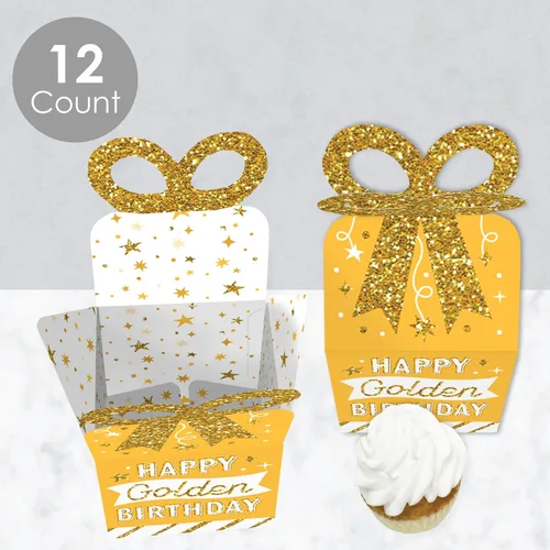 Vista 4 de Big Dot of Happiness Golden Birthday – Cajas de regalo cuadradas – Cajas de lazo para fiesta de feliz cumpleaños – Juego de 12