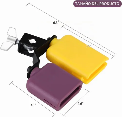 Vista 5 de RANMING - Bloque de plástico para atascos, doble campana de sambago, escenario y banda, amarillo-morado Juego de percusión de cencerro latino