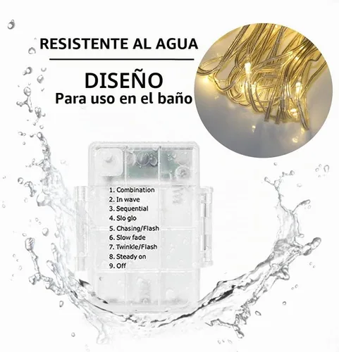 Vista 6 de Solhice Luz de cortina para ducha, 180 LEDs impermeables con batería, luces de hadas para cortina de 72 x 72 pulgadas con 10 ganchos para ducha