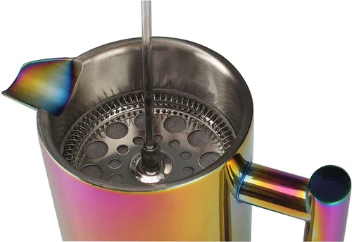 Vista 3 de Cafetera de prensa francesa – 1 o 2 tazas, pequeña cafetera de acero inoxidable, prensa francesa de doble pared, Arcoíris, 12oz/350ml