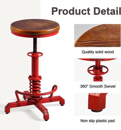 Vista 4 de Topower Industrial Retro Vintage Farm Asiento de madera Tractor Taburete Cocina Giratorio Altura Ajustable Taburete de bar Rojo Antiguo