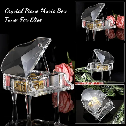 Vista 3 de Caja musical de cristal ELLDOO, caja musical decorativa de relojería con forma de piano, adorno de piano transparente, regalo romántico para niñas