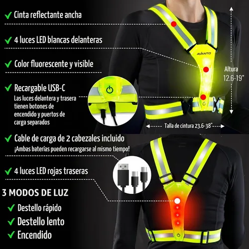 Vista 3 de Chaleco Reflectante LED Avanto, Original, Equipo Reflectante para Correr Recargable USB-C, Luces para Corredores, Equipo de Alta Visibilidad