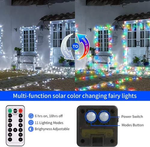 Vista 3 de JMEXSUSS Paquete de 2 luces solares de Navidad impermeables para exteriores, 100 LED de 33 pies, color blanco y multicolor, luces solares de hadas