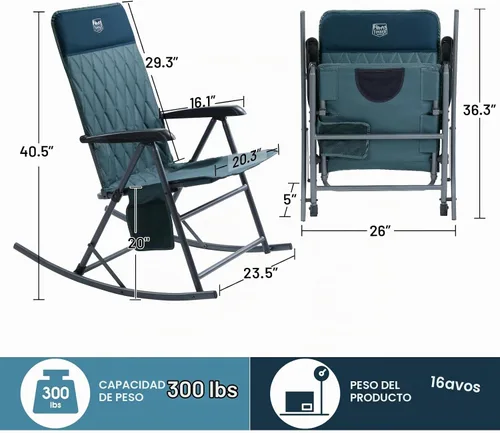Vista 3 de Timber Ridge Silla mecedora ajustable de 3 niveles, respaldo alto acolchado ergonómico, soporta 300 libras, balancín estable antipunta, reposabrazos