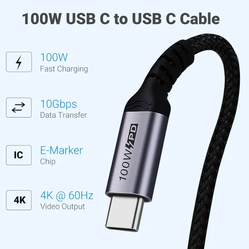 Vista 2 de Cable USB C corto de 100W 3.1 ángulo recto [1.5 pies, 2 paquetes], carga rápida de 5A, cables con chip E-Marker de datos de alta velocidad 10Gbps