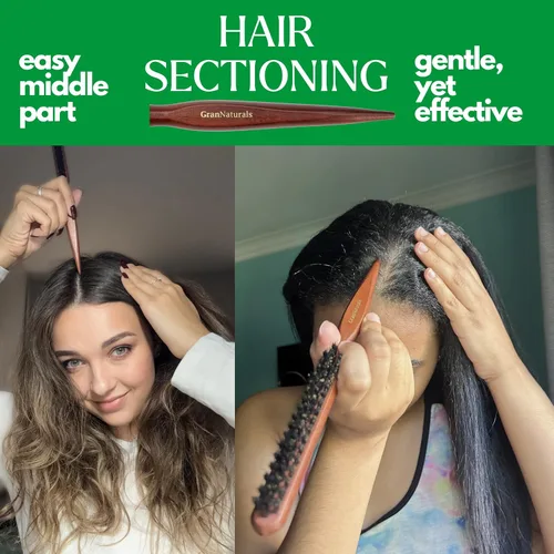 Vista 6 de GranNaturals Cepillo de cerdas de jabalí para peinar para mujeres - Peine liso con pico de cola de rata para sección de cabello utilizado