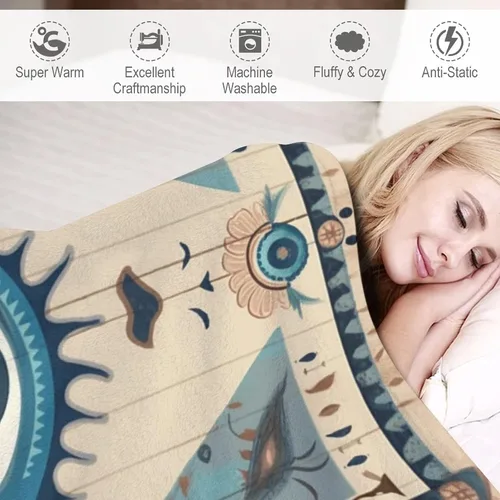 Vista 4 de Manta de mal de ojo, tribal bohemio, retro, súper suave, acogedora, cálida, manta decorativa para sala de estar, dormitorio, dormitorio