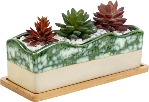 Vista 7 de MyGift Maceta rectangular para suculentas - Maceta decorativa de cerámica beige y verde glaseada con bandeja de bambú extraíble