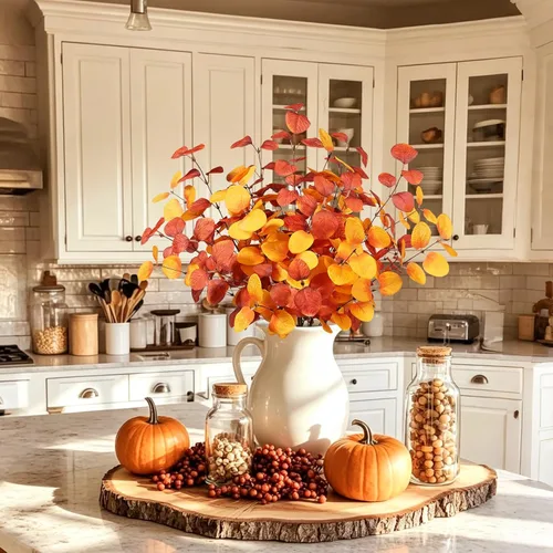 Vista 2 de Beferr Decoración de tallos de eucalipto de otoño, 5 piezas de ramas de eucalipto artificiales de 23 pulgadas, hojas de otoño, arreglos florales