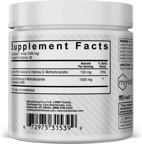 Vista 3 de Core Nutritionals HMB, soporte de recuperación muscular, 1G, 90 porciones