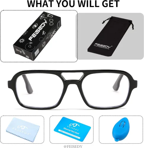 Vista 6 de FEISEDY Gafas de lectura retro cuadradas con bloqueo de luz azul para mujeres y hombres de los años 70, anteojos planos de aviador antifatiga