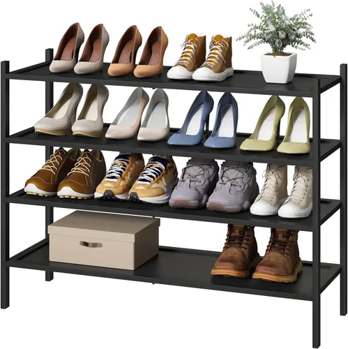 Vista 9 de kiplant Zapatero de bambú negro de 2 niveles, zapatero apilable de madera de bambú para armario, entrada y pasillo