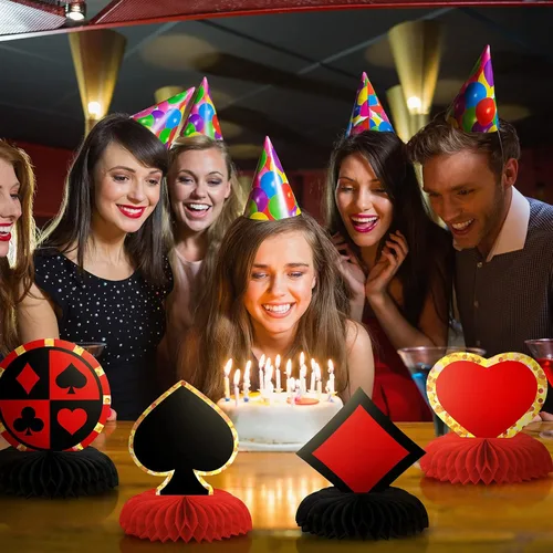 Vista 6 de Juego de 8 piezas de decoración de fiesta temática de cumpleaños de casino, centros de mesa de nido de abeja de póquer, centros de mesa de nido