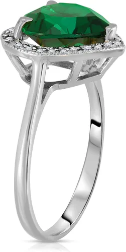 Vista 2 de Galaxy Gold GG Anillo de halo de diamantes naturales de esmeralda de oro blanco sólido de 14 quilates de 2.89 quilates con forma de corazón