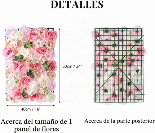 Vista 4 de NUPTIO Panel de pared de flores para telón de fondo: 12 piezas de 24 x 16 rosas artificiales blancas y rosas de imitación para decoración de bodas
