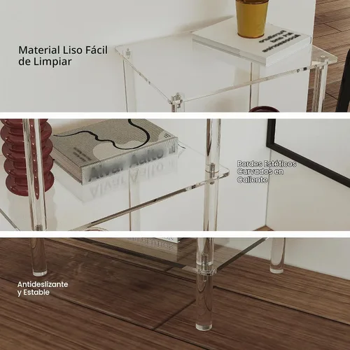 Vista 4 de Aquiver Mesa auxiliar alta de acrílico, mesa auxiliar de 3 niveles para espacios pequeños, mesita de noche alta transparente para sala de estar