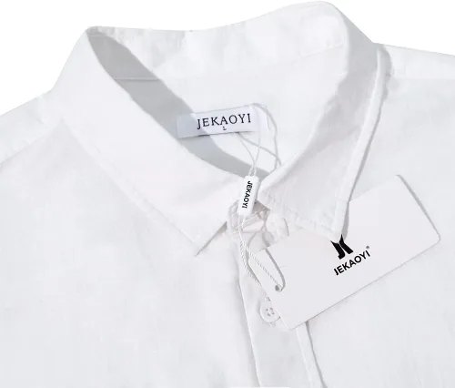 Vista 3 de JEKAOYI Camisas de lino con botones para hombre, estilo casual, manga larga, ajuste regular, de algodón, con bolsillo