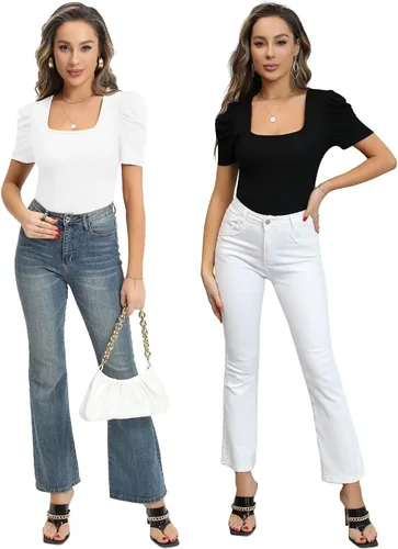 Vista 4 de MANGOPOP Camiseta elegante de manga larga con cuello cuadrado y manga corta para mujer