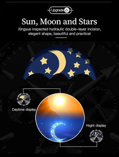 Vista 5 de OLEVS Relojes automáticos para hombre de cuerda automática reloj de pulsera calendario multifunción botón oculto pantalla de sol luna impermeable