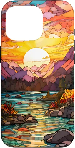 Vista 20 de iPhone 16 Sunset Stained Glass Mosaic Landscape Scene Case