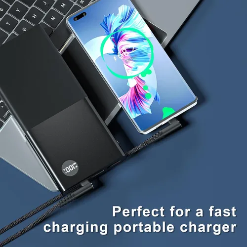 Vista 14 de Cable USB C a USB C de 100 W, 1 pie de 90 grados, nailon trenzado de carga