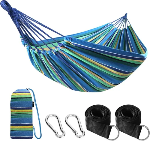 Vista 15 de Anyoo - Hamaca de algodón para jardín, con correas para colgar, hasta 660 libras, hamaca portátil con bolsa de viaje, perfecta para acampar al aire