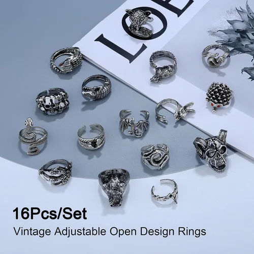 Vista 4 de ORAZIO Juego de 16 anillos abiertos góticos para hombres y mujeres, estilo punk, ajustable, serpiente y garra de dragón, anillos de animales