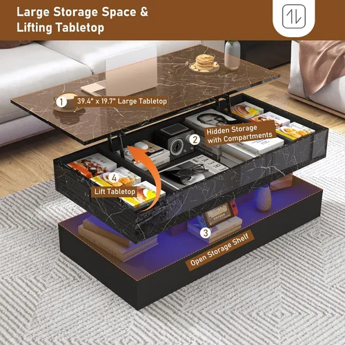 Vista 4 de chartustriable Mesa de Centro Grande de 39.4" con Tapa Elevable y Estación de Carga, Mesa Central LED Moderna de Alto Brillo con Compartimento