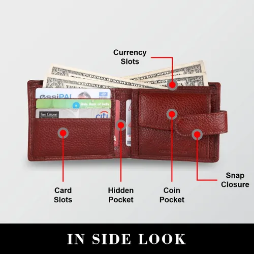 Vista 4 de Cartera de piel de napa marrón con protección RFID para hombre, 5 ranuras para tarjetas, 1 bolsillo para monedas, 2 compartimentos ocultos, 2