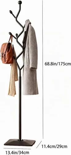 Vista 6 de Perchero con forma de árbol, árbol de abrigos independiente con 8 ganchos y base de metal resistente para abrigos, sombreros y bolsos, soporte