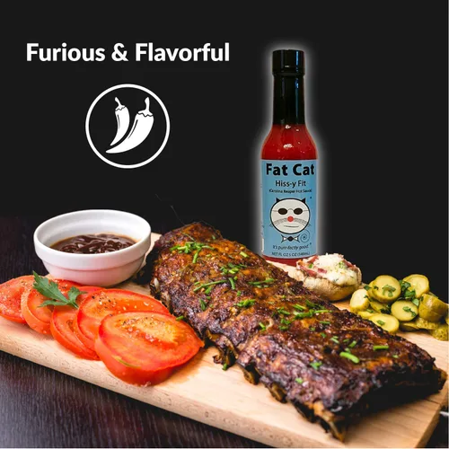 Vista 5 de Fat Cat Gourmet - Salsa picante "Hiss-y Fit" Carolina Reaper Salsa picante fuerte Para alas, sopas, sándwiches, pizza, tacos Extra caliente
