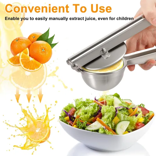 Vista 4 de Exprimidor de limón de acero inoxidable, exprimidor manual de prensa manual con mango ergonómico, prensa de ajo, extractor de frutas a prueba