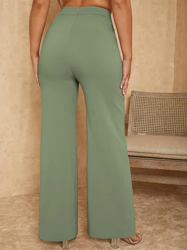 Vista 2 de SweatyRocks Pantalones de pierna ancha Palazzo con costura en la cintura superpuesta para mujer, pantalones largos de cintura alta, pantalones