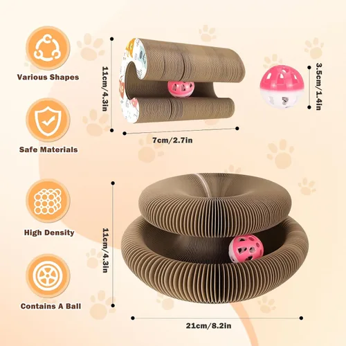 Vista 3 de Tablero rascador plegable con bola de campana, juguete mágico para gatos Marrón (Brown 1Pcs)