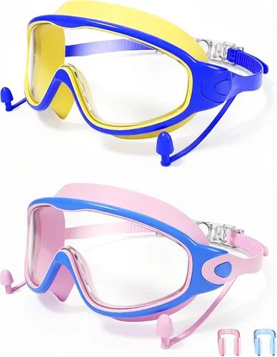 Vista 8 de Gafas de natación para niños de 3 a 15 años con tapones para los oídos, marco grande, gafas de natación antivaho/UV para niños, niñas y bebés, 2
