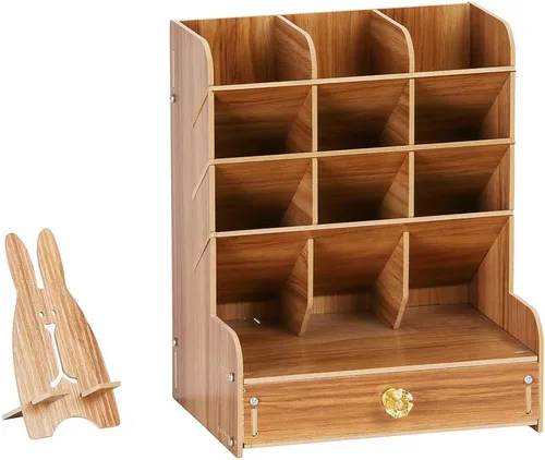 Vista 6 de Hggzeg Organizador de escritorio de madera, multifuncional, soporte para bolígrafos, caja de almacenamiento estacionario de escritorio