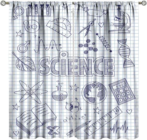 Vista 23 de Cortinas opacas para ventanas de ciencia para niños, lupa de libro de laboratorio de ciencia, lupa, frascos moleculares, cortinas impresas
