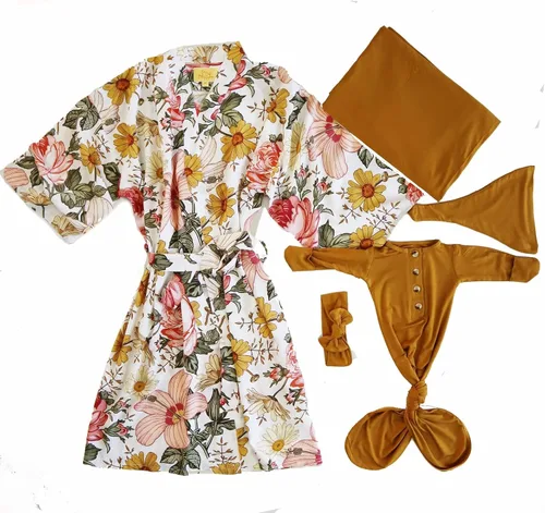 Vista 2 de DOB Baby Mommy and Me - Conjunto de bata, manta de envolver y moño para bebé, color miel, sombrero y lazo para bebé, niño o niña, XXL