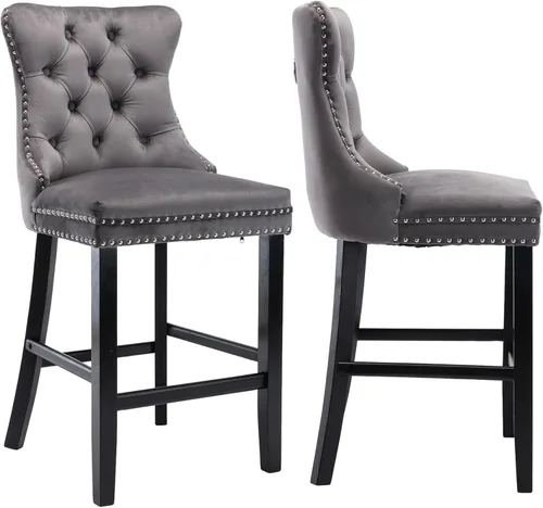 Vista 28 de Taburetes de bar tapizados de terciopelo modernos de 27 pulgadas con patas de madera, botón con cabeza de clavo cromada, taburetes de bar con Beige