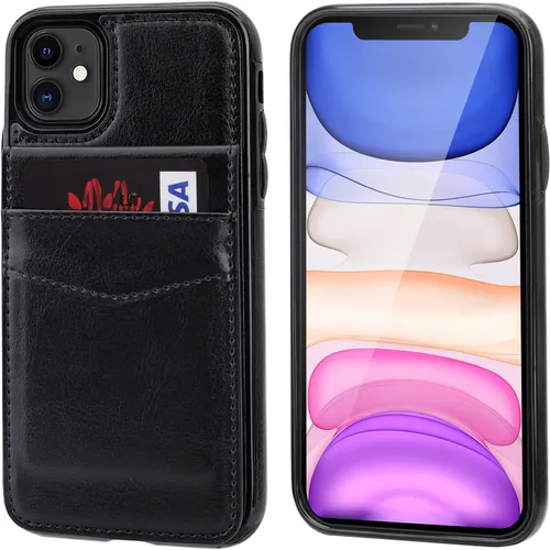 Vista 3 de KIHUWEY - Funda tipo cartera para iPhone 11, tarjetero con soporte, color negro Ranuras para tarjetas de crédito, soporte, piel sintética