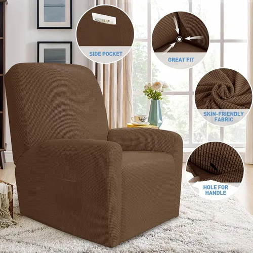 Vista 3 de JIVINER Fundas súper elásticas para sillas reclinables, de elastano, suave, con bolsillos, protector de muebles reclinables (reclinable, marrón)