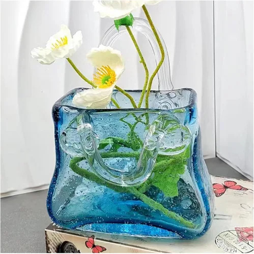 Vista 8 de Purse Vase for Flowers, Unique Flower Vase Purse Vase Flower Handbag Unique Flower Vase, Decor Glass Vase for Photo/Birthday/Home Décor,Style1-Blue