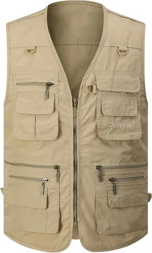Vista 14 de Gihuo Chaleco de Pesca para Hombre Chaleco de Utilidad Safari Viaje con Bolsillos Trabajo al Aire Libre Foto Cargo Mosca Chaleco de Verano Verde