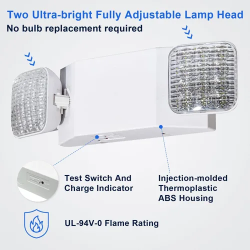 Vista 3 de Luz de emergencia LED con batería de respaldo, dos luces de salida de emergencia ajustables de cabeza cuadrada para fallos de energía del hogar