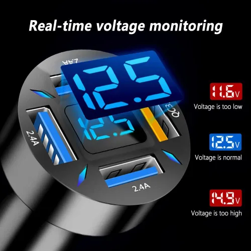 Vista 7 de Cargador de automóvil de 66 W de carga súper rápida con USB 2.4A y QC 3.0 (voltímetro y luces LED), carga rápida universal para enchufe