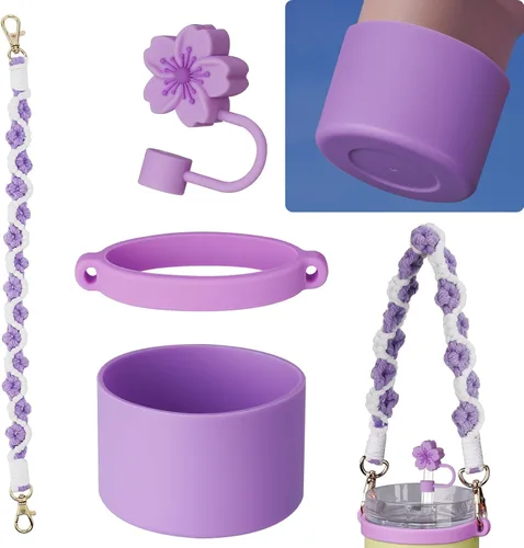 Vista 9 de NiHome Kit de Accesorios para Vaso Stanley de 14 onzas, Incluye Correa de Asa Tejida a Mano, Anillo de Silicona, Tapa de Pajita de Silicona y Rosa