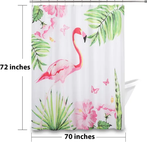 Vista 2 de Beda Home - Cortina de ducha con temática de selva, flamenco con estampado digital floral tropical. 70 pulgadas de ancho x 72 pulgadas de largo