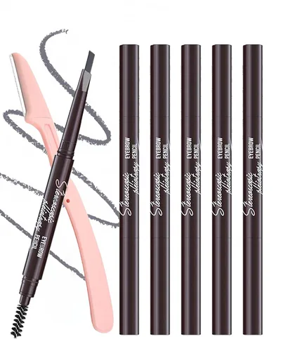 Vista 9 de 12 piezas de lápices de cejas negros impermeables para mujeres, lápiz de cejas retráctil de doble punta con cepillo, diseño de punta triangular, más